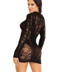 Leg Avenue Lace Keyhole Mini Dress with Opaque Panel Detailing and Gloved sleeves - O/S - Black
