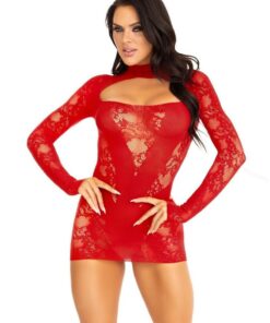 Leg Avenue Lace Keyhole Mini Dress with Opaque Panel Detailing and Gloved sleeves - O/S - Red