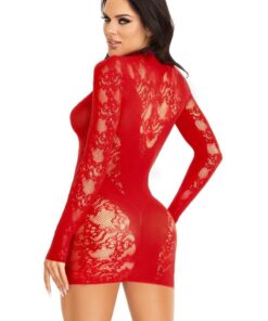 Leg Avenue Lace Keyhole Mini Dress with Opaque Panel Detailing and Gloved sleeves - O/S - Red