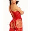 Leg Avenue Heart Net Halter Bodystocking with Faux Lace Up Front and Leg Garter Detail - O/S - Red