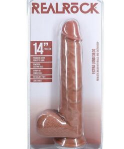RealRock Ultra Realistic Skin Extra Large Straight Dildo with Balls and Suction Cup 14in - Caramel