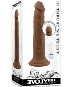 In Thrust We Trust Rechargeable Silicone Dildo with Remote - Chocolate
