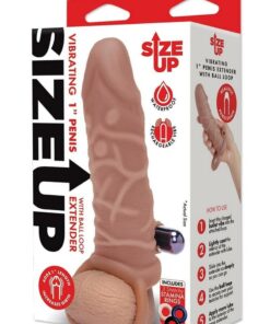 Size Up Silicone Vibrating Realistic Penis Extender with Ball Loop 1in - Caramel
